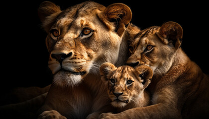 Close up portrait of majestic lioness and her cute cub generated by AI - obrazy, fototapety, plakaty