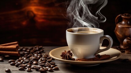 Cup of coffee with smoke and coffee beans on old wooden background. Generative AI