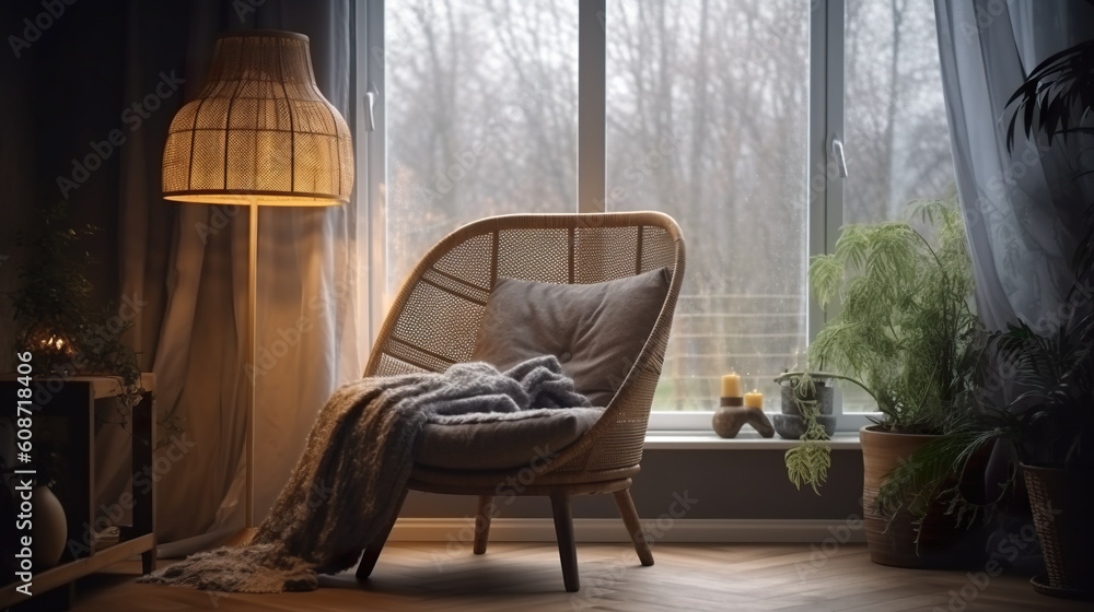 Aufkleber a chair sitting in front of a window with a blanket on it. generative ai. lamp illuminating reading 