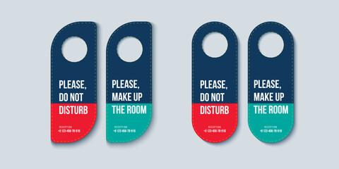Hotel door hanger design for handle or knob. Do not disturb, please service or clean room doorhanger template. Vector die cutting inform sign.