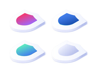 Shield icon illustration in isometric vector design. Protect or safe symbol top view. Safety, defense or quality guarantee sign. Strong and secure metaphor emblem.