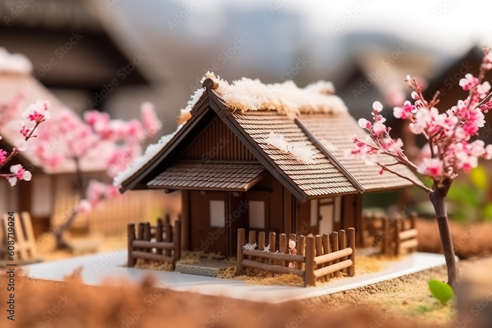 Poster a small model of a small house with a fence. generative ai.