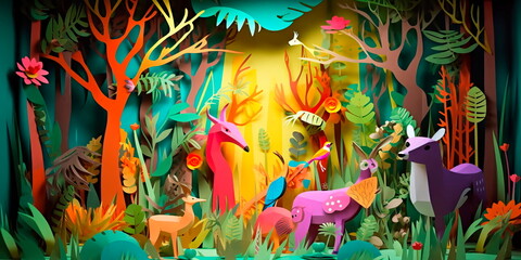 paper art forest with different animals and plants in vibrant colors. Generative AI