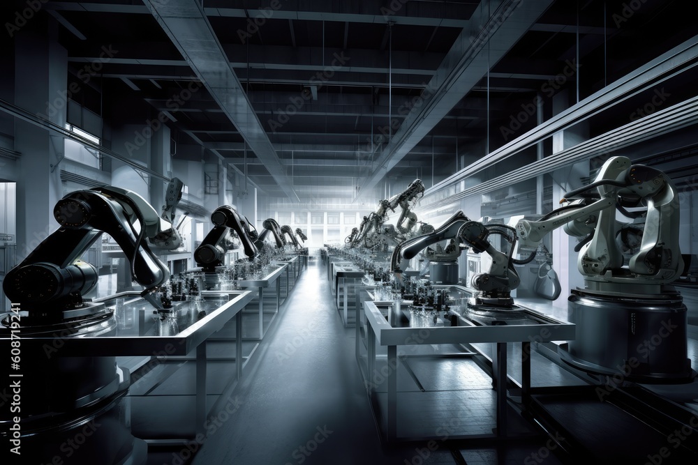 Poster group of robots working together in a factory. generative ai