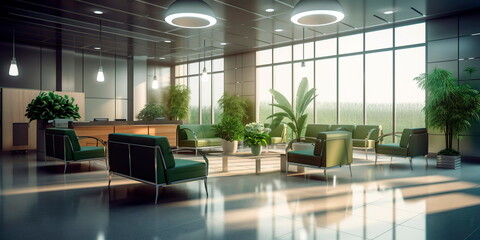 Detailed interior shots of a modern hospital lobby, showcasing the sleek design, comfortable seating areas, and welcoming atmosphere. Generative AI