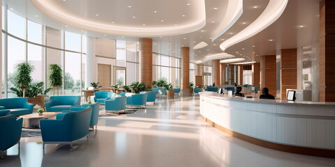 Detailed interior shots of a modern hospital lobby, showcasing the sleek design, comfortable seating areas, and welcoming atmosphere. Generative AI - obrazy, fototapety, plakaty