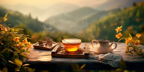 Naklejka na ściany i meble mindful morning ritual incorporating natural elements, such as sipping herbal tea, practicing gratitude, and setting intentions for the day ahead.Generative AI