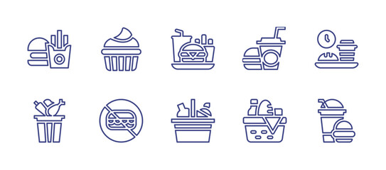 Food line icon set. Editable stroke. Vector illustration. Containing fast food, sweet food, junk food, food tray, food waste, no junk food, food delivery, food basket.