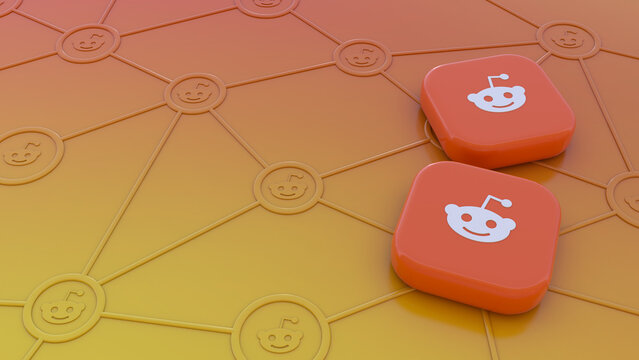 Two Reddit badges on a colorful background representing the concept of connectivity through social networks.