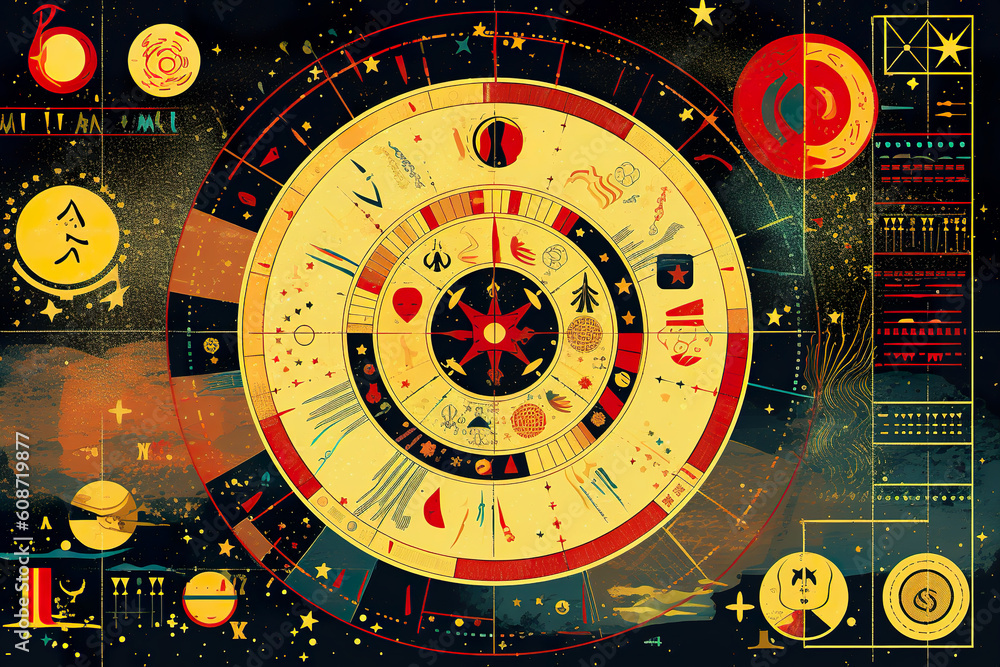 Poster a clock with a lot of different symbols on it. generative ai.