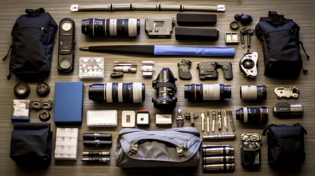 a group of camera equipment on a table. Generative AI Art.