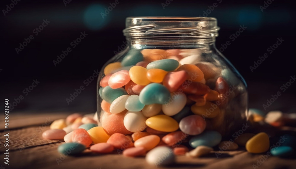 Poster a colorful heap of chewy jellybeans spills from a jar generated by ai