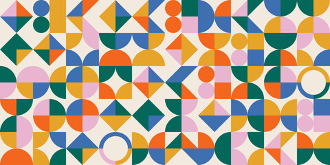 Geometry colorful Bauhaus background with simple shape and figure. Abstract minimalistic pattern design in Scandinavian style for web banner, business presentation, branding package, fabric print