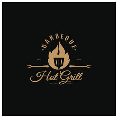 Barbecue Vintage hot grill, with crossed flames and spatula. Logo for restaurant, badge, cafe and bar.vector