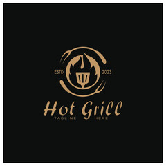 Barbecue Vintage hot grill, with crossed flames and spatula. Logo for restaurant, badge, cafe and bar.vector