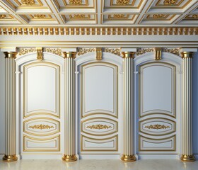 Classic wall of white and gold wood panels © denisik11