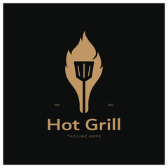 Barbecue Vintage hot grill, with crossed flames and spatula. Logo for restaurant, badge, cafe and bar.vector