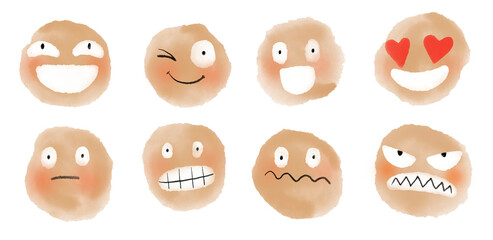  Set of Faces with various emotions, watercolor style isolated on transparent background 




