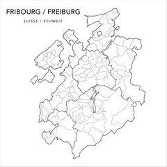 Vector Map of the Canton of Fribourg (Freiburg) with the Administrative borders of Districts (Bezirke), Municipalities (Gemeinde/Communes) and Quarters of Fribourg as of 2023 - Switzerland