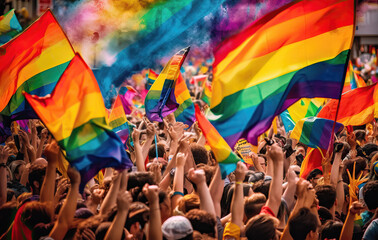 people waving gay pride flag in the street, ai generated