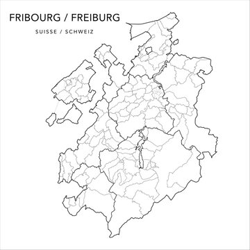 Vector Map of the Canton of Fribourg (Freiburg) with the Administrative borders of Districts (Bezirke), Municipalities (Gemeinde/Communes) and Quarters of Fribourg as of 2023 - Switzerland