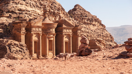 Jordan, Petra. Facade of Ad-Deir Monastery. Monastery, carved into sandy rocks, is one of most...