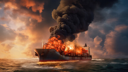 burning freighter in the ocean, ai generated - obrazy, fototapety, plakaty