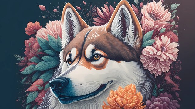 Russian huskey dog  head image with flower art illustration, generative Ai art