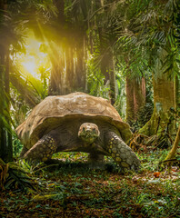 Giant Tortoise photo with AI generated forest background