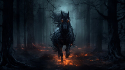 Hell Horse in Dark Forest, digital ai art.