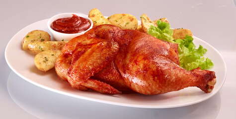 Halbes Haehnchen mit Ofenkartoffeln und Ketchup