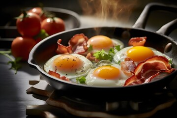 Tasty, delicious eggs and bacon cooking in a cast iron pan. Steam gently rises and garnishes in the background. Generative AI.