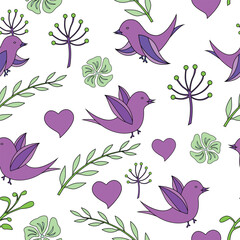 Vector seamless pattern: bird, leaves, and flower, isolated on the background. Hand-drawn vector illustration