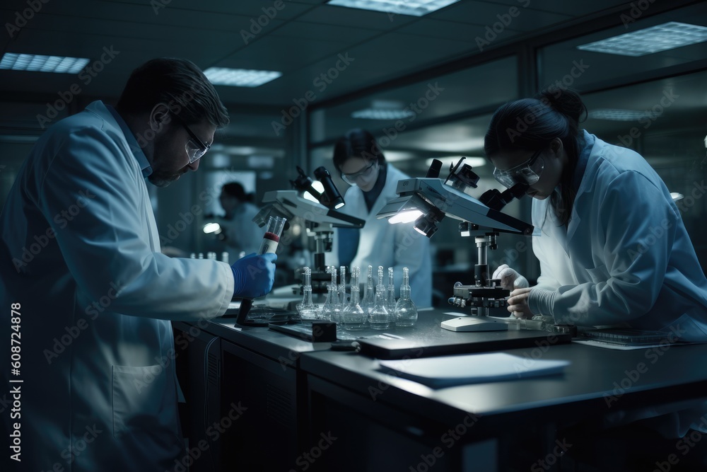 Poster team of scientists working in a laboratory, carefully conducting experiments and analyzing data. gen