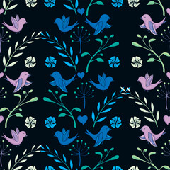 Vector seamless pattern: bird, leaves, and flower, isolated on the background. Hand-drawn vector illustration