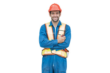 Portrait of happy smiling male container yard worker standing with crossed arms on white background. Male worker wear safety helmet, uniform on white background in studio