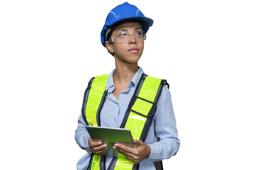 Portrait of woman engineer worker working with digital tablet on white background. Female...