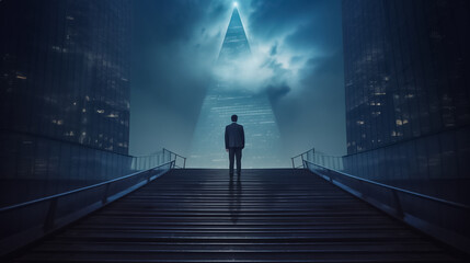 With the city lights as his backdrop, a businessman takes a moment to admire the urban landscape, finding inspiration and motivation in the dynamic atmosphere of the night. generative AI.
