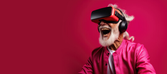 Elderly person laughing wearing colorful clothes and a modern and sleek virtual reality headset. Generative AI