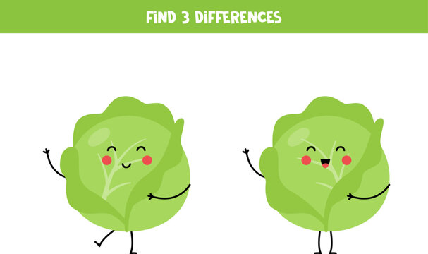 Find three differences between two pictures of cute kawaii cabbages.
