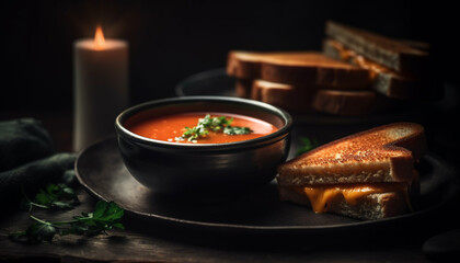 A rustic lunch of grilled pork, soup, and toasted bread generated by AI