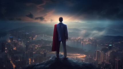 A charismatic businessman, draped in a captivating cape, gazes out at the dazzling lights of the night city from the rooftop generative AI.