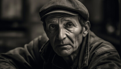 Old fashioned man in cap, looking sad with wrinkled face generated by AI
