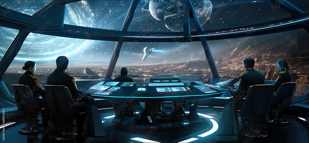 Poster a group of people sitting around a table in a spaceship. generative ai.