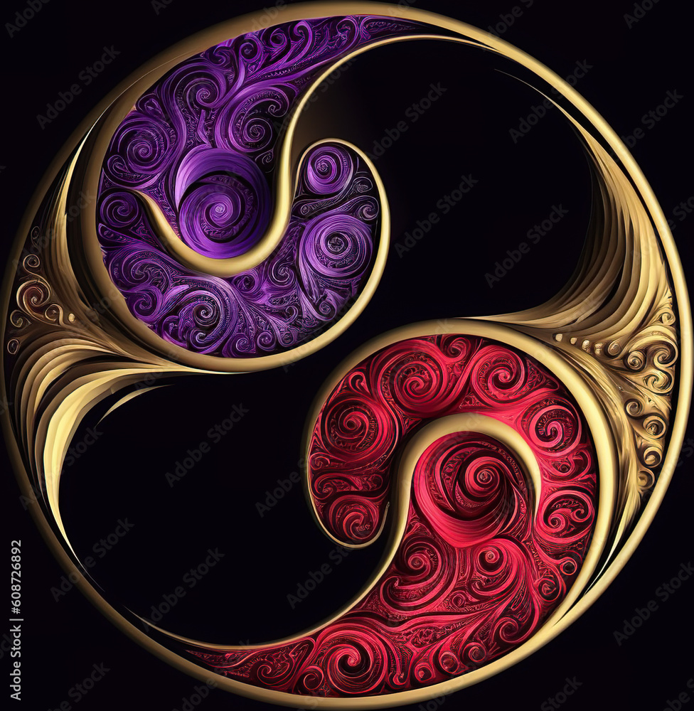 Poster a computer generated image of a purple and red yin. generative ai.