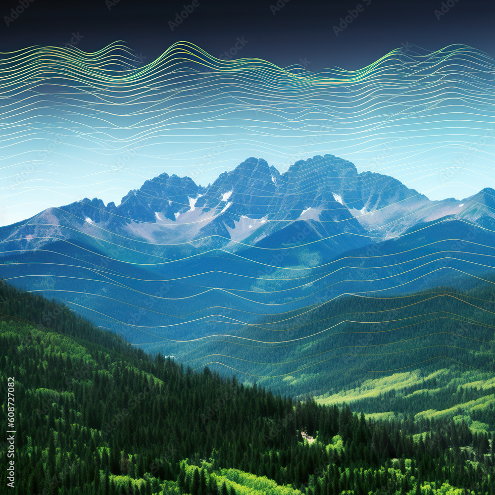 Poster a picture of a mountain range with mountains in the background. generative ai.