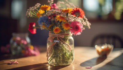 A rustic bouquet of multi colored daisies brings freshness indoors generated by AI