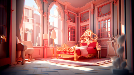 Pink dreamy Bedroom cartoonish scenes that has a very shiny Golden bed frame and ornate furniture, in the style of highly detailed environments 3D illustrations Generative AI

