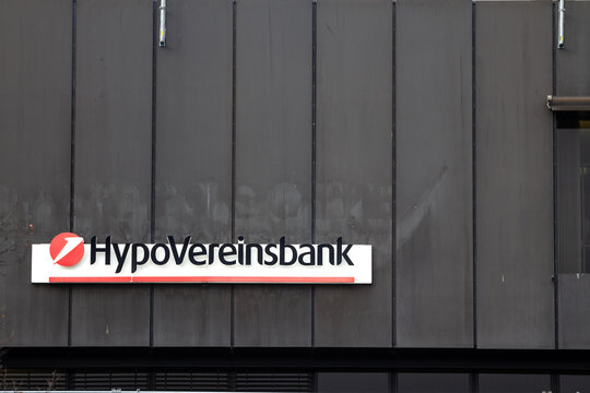 DUSSELDORF, GERMANY - NOVEMBER 13, 2022: Hypovereinsbank logo on their office for Dusseldorf. part of Unicredit, HypoVereinsbank is a germany retail and invesrtment bank part of Unicredit.