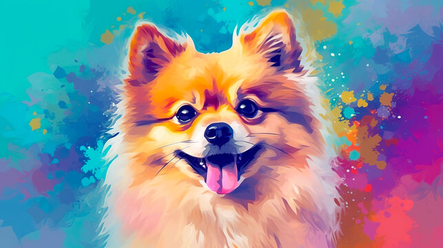 Pomeranian dog face vector illustration in abstract mixed grunge colors digital painting in minimal graphic art style. Very cute small happy dog. Digital illustration generative AI.